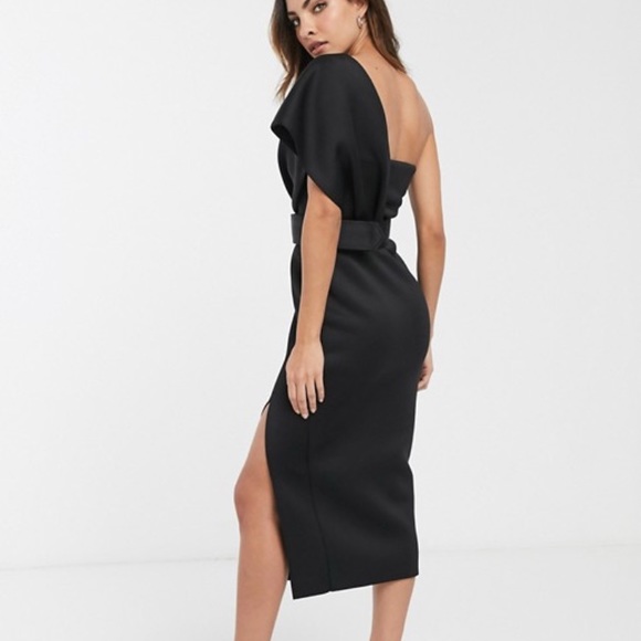 one shoulder belted midi dress